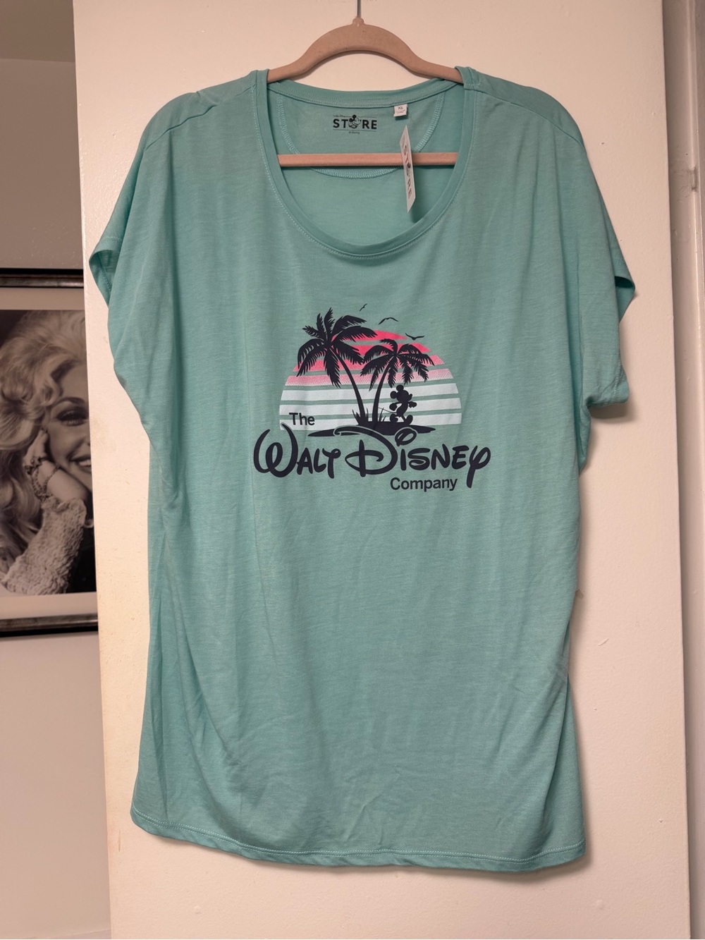 Walt Disney Company Women's Scoop Neck Mint Green Palm Tree Graphic Tee